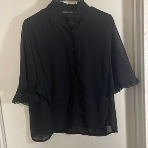 Boohoo Sheer Black Ruffle Button Up Shirt Size 14